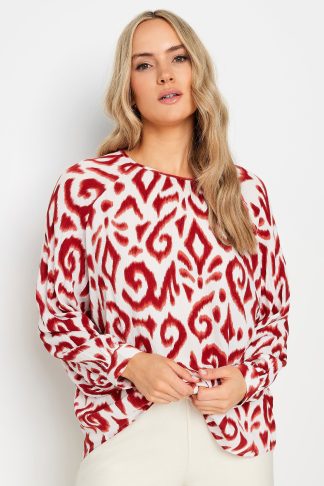 Lts Tall White & Rust Orange Aztec Print Raglan Sleeve Top 22 Lts | Tall Women's Long Sleeve Tops