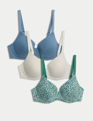 M&S Collection Women's 3pk Cotton Rich Wired T-Shirt Bras A-E - 36C - Sea Green, Sea Green