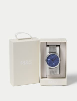 M&S Women's Blue Dial and Silver Tone Mesh Watch, Blue