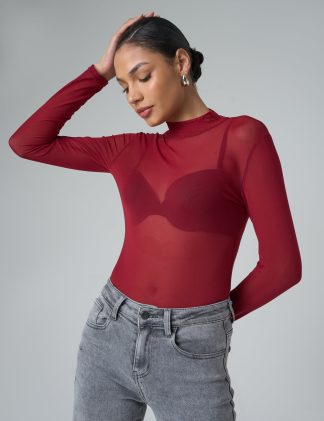 Mesh Long Sleeve Bodysuit Burgundy