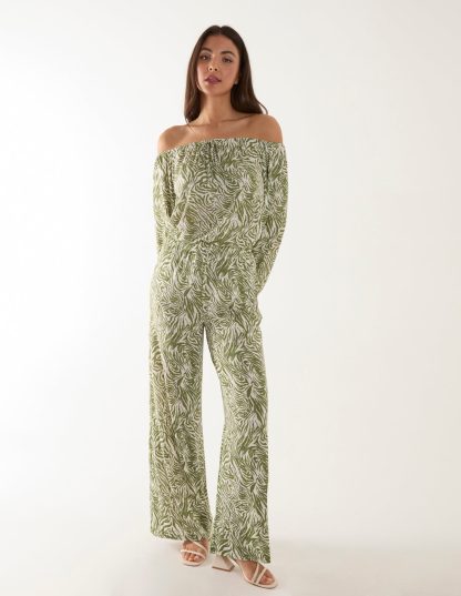 Off The Shoulder Top And Wide Leg Trousers Set - S/M / GREEN