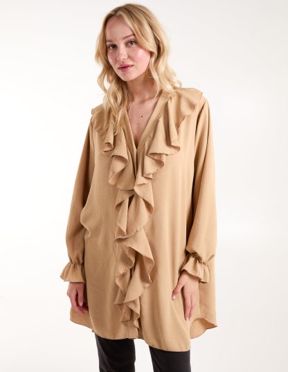 Ruffle Collar & Sleeve Tunic - ONE / Camel