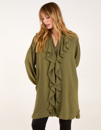 Ruffle Collar & Sleeve Tunic - ONE / KHAKI