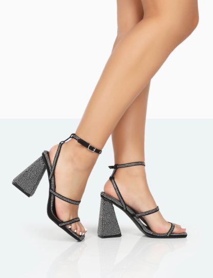 Skye Black Faux Suede Sparkly Diamante Open Toe Block High Heels