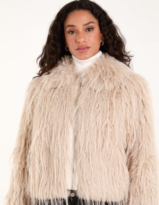 Textured Faux Fur Collar Coat - S / BEIGE