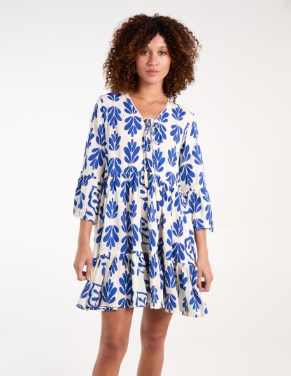 Tie Front Smock Dress - M / BLUE