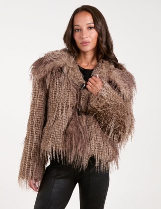 Toggle Detail Faux Fur Coat - S / BROWN