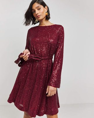 Wine Sequin Skater Dress