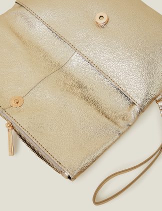 Accessorize Women's Leather Metallic Fold Over Clutch Bag - Gold, Gold