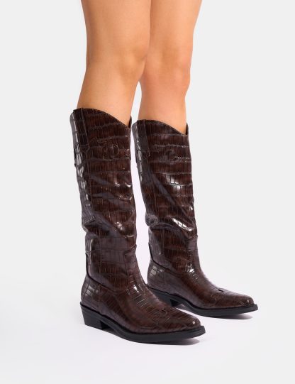 Apollo Brown Croc Flat Western Knee High Boots