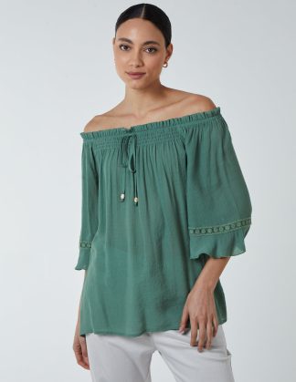 Bardot Tie Front Top - S / LIGHT KHAKI