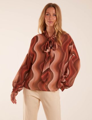 Chiffon Swirl Print Blouse - ONE / BROWN