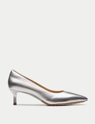 Clarks Women's Leather Metallic Kitten Heel Court Shoes - 7 - Silver, Silver