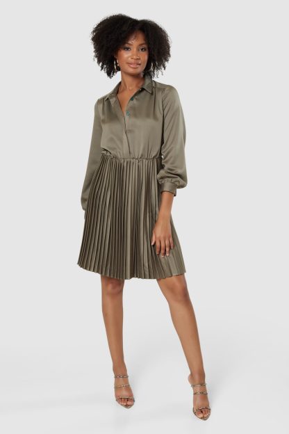 Closet London Khaki Green Pleated Shirt Dress