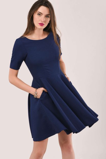 Closet London Navy Short Sleeved Skater Dress Size:10