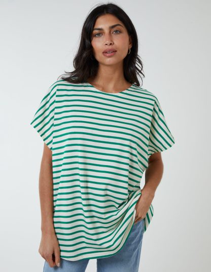 Cotton Loop Back Stripe Sweat Top - S/M / GREEN