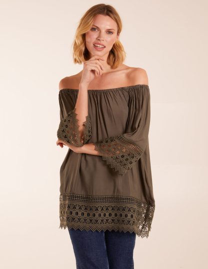 Crochet Detailed Bardot Top - S/M / KHAKI