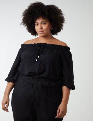 Curve Bardot Tie Front Top - 18/20 / BLACK