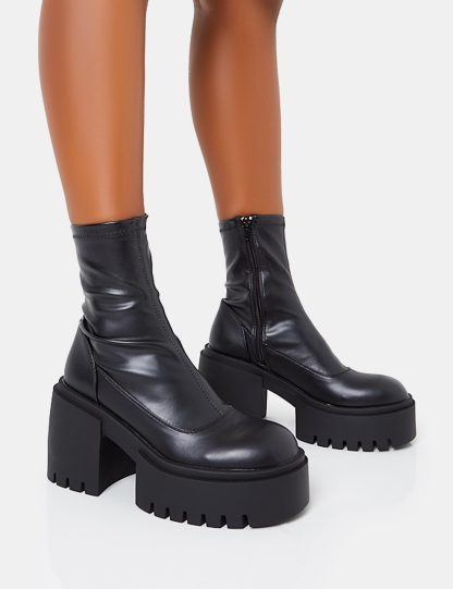 Demeter Black Pu Chunky Heeled Platform Ankle Boots