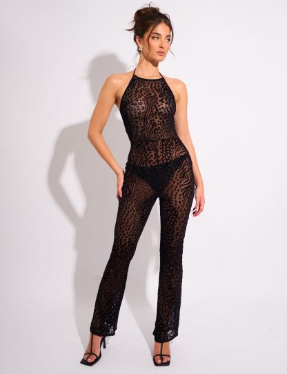 Devore Leopard Halterneck Jumpsuit Black