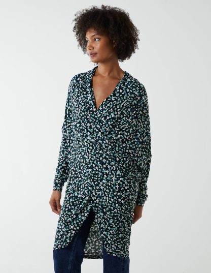 Draped Dip Hem Long Top - S/M / GREEN PATTERN