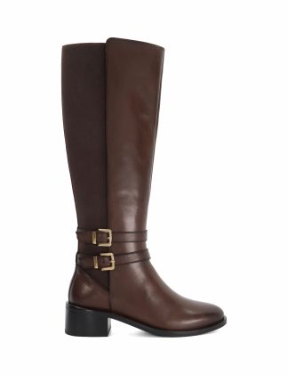 Dune London Women's Leather Double Buckle Knee High Boots - 6 - Brown, Black,Brown