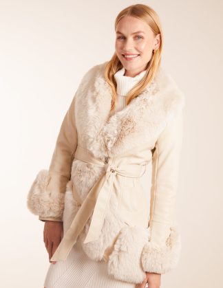 Faux Fur Collar PU Belted Coat - 8 / STONE