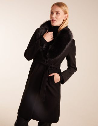 Faux Fur Collared Belted Coat - 12 / BLACK