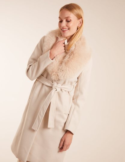 Faux Fur Collared Belted Coat - 14 / STONE