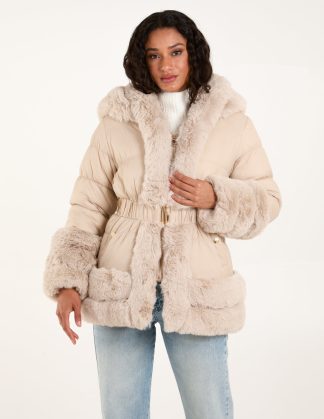 Faux Fur Trim Belted Puffer Coat - 8 / STONE