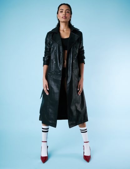 Faux Leather Belted Trench Coat Black