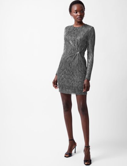 French Connection Women's Plisse Sparkly Round Neck Mini Bodycon Dress - Silver Mix, Silver Mix