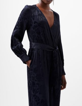 French Connection Women's Satin Jacquard Belted Wide Leg Jumpsuit - 12 - Navy Mix, Navy Mix