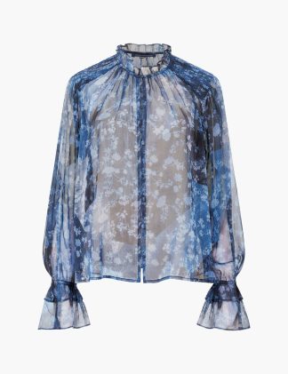 French Connection Women's Sheer Floral Print High Neck Ruffle Blouse - Blue Mix, Blue Mix