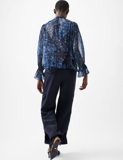 French Connection Women's Sheer Floral Print High Neck Ruffle Blouse - XS - Blue Mix, Blue Mix