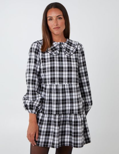 Frill Collar Check Smock Dress - 8 / BLACK/WHITE