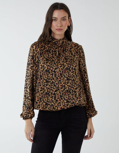 High Neck Leopard Print Satin Blouson Top - S / BROWN