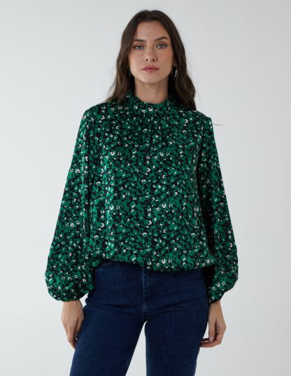 High Neck Leopard Print Satin Blouson Top - S / GREEN