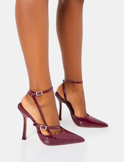 Idol Burgundy Patent Buckle Strappy Detail Stiletto Court High Heels