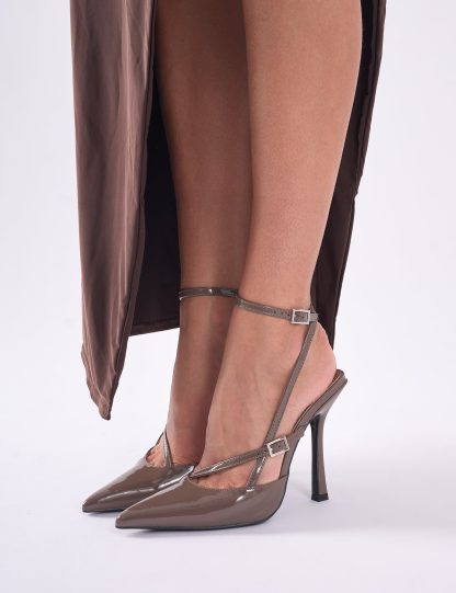 Idol Taupe Patent Buckle Strappy Detail Stiletto Court High Heels