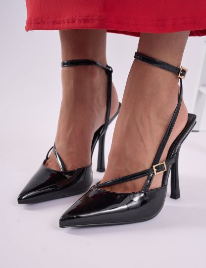 Idol Wide Fit Black Patent Buckle Strappy Detail Stiletto Court High Heels