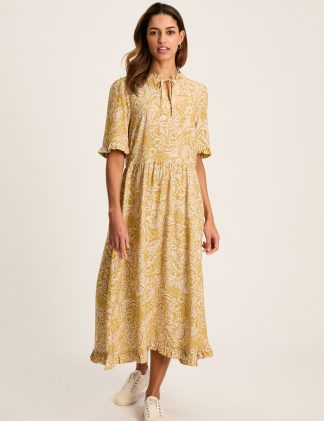 Joules Women's Floral Tie Neck Ruffle Detail Midi Smock Dress - 8 - Yellow Mix, Yellow Mix