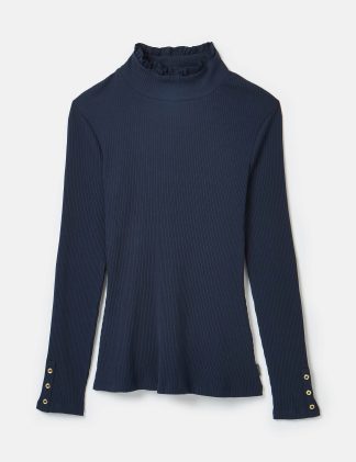 Joules Women's Jersey Ribbed Ruffle Collar Top - 10 - Navy, Navy