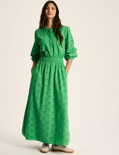 Joules Women's Pure Cotton Broderie Maxi Waisted Dress - 8 - Green, Green