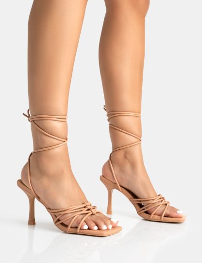 Keri Nude Pu Strappy Lace Up Mid Heels