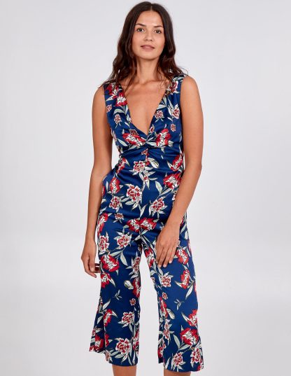 Knot Front V-Neck Culotte Jumpsuit - 8 / NAVY