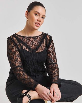 Lace & Mesh Ruffle Top