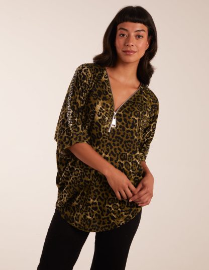 Leopard Zip Front Diamante Tunic Top - S/M / KHAKI