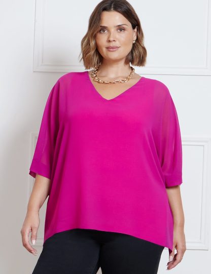 Live Unlimited London Women's Chiffon V-Neck Top - 22 - Pink, Pink,Blue