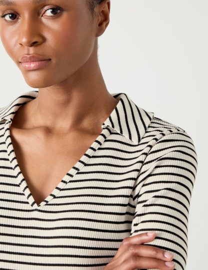 Lk Bennett Women's Cotton Rich Striped Ribbed V-Neck Top - XXL - Black Mix, Black Mix